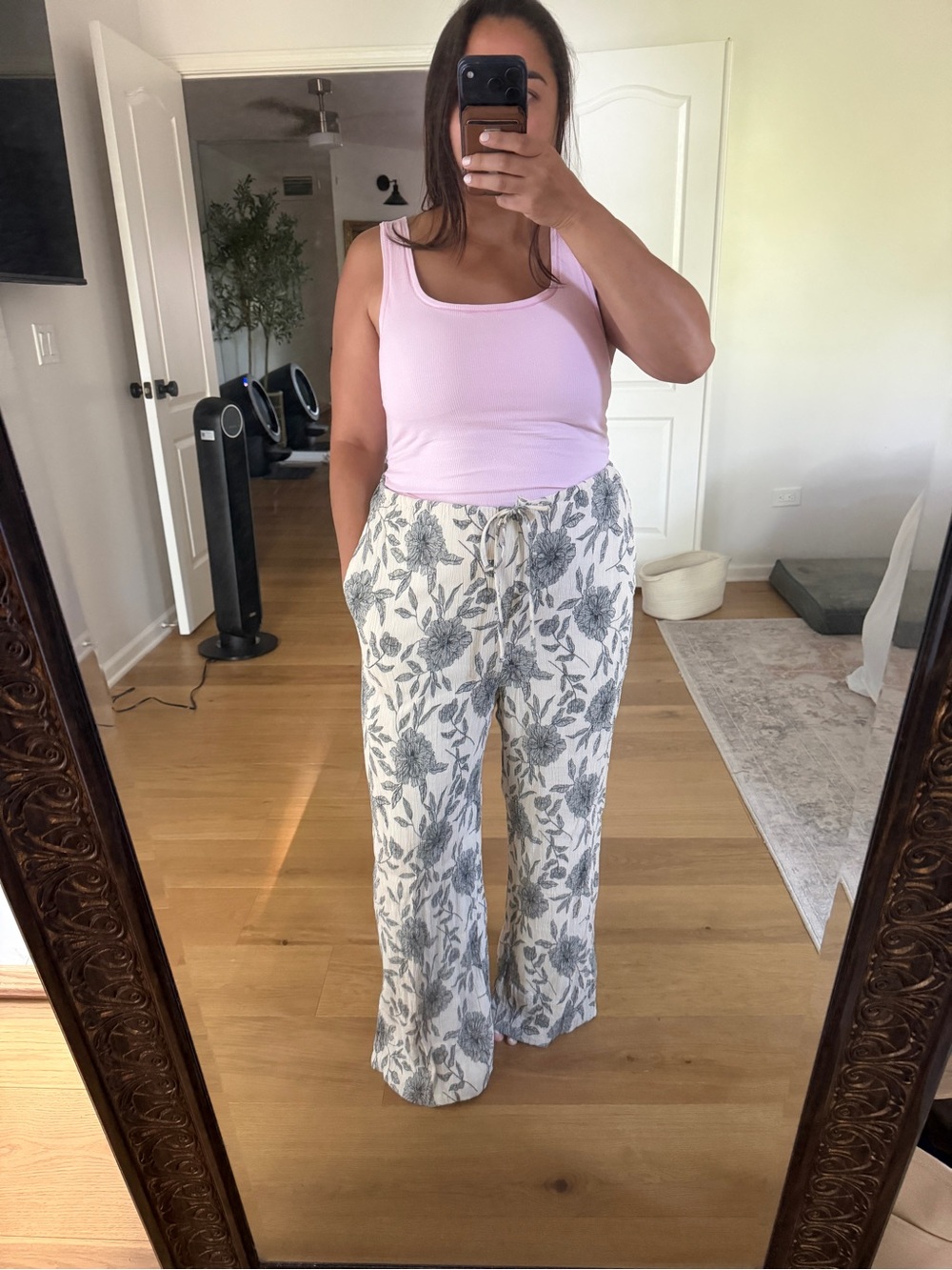 Abercrombie&Fitch Cream Floral Wide-Leg Pants Drawstring Lined Stretch Large S